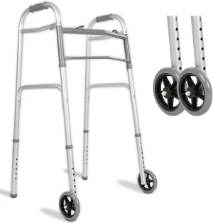 Vive Folding Walker for Seniors - Sturdy Steel Foldable Frame for Adults - Standard Walker with 5” Front Wheels and 2 Rear Ski Glides - Supports up to 300lbs, Adjustable Height