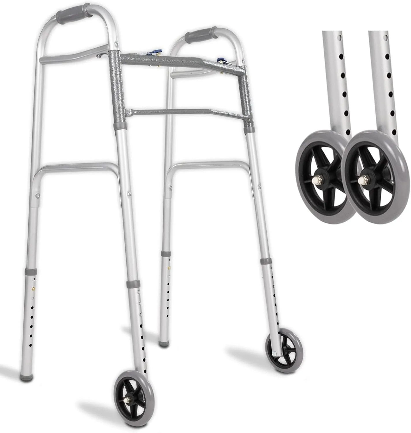 Vive Folding Walker for Seniors - Sturdy Steel Foldable Frame for Adults - Standard Walker with 5” Front Wheels and 2 Rear Ski Glides - Supports up to 300lbs, Adjustable Height