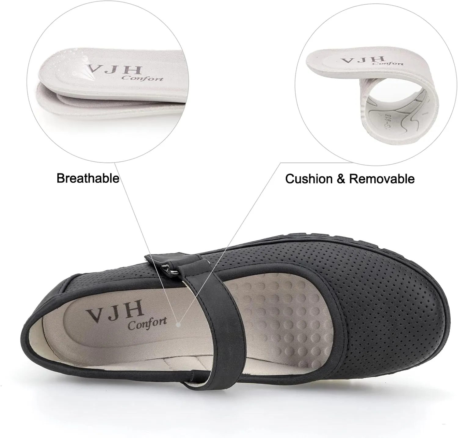 VJH confort Women s Mary Jane Flats, Breathable Comfort Round Toe Low Heel Slip-on Light Weight Walking Shoes