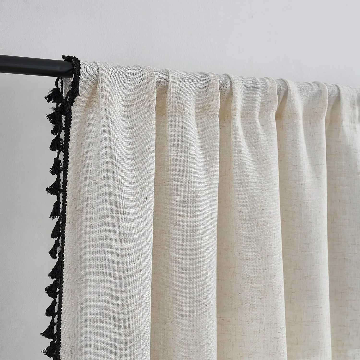 VOILYBIRD Natural Linen Blended Farmhouse Curtains 63 Inches Long Boho Curtains & Drapes Country Style for Bedroom (W40 x L63, Black Tassel)