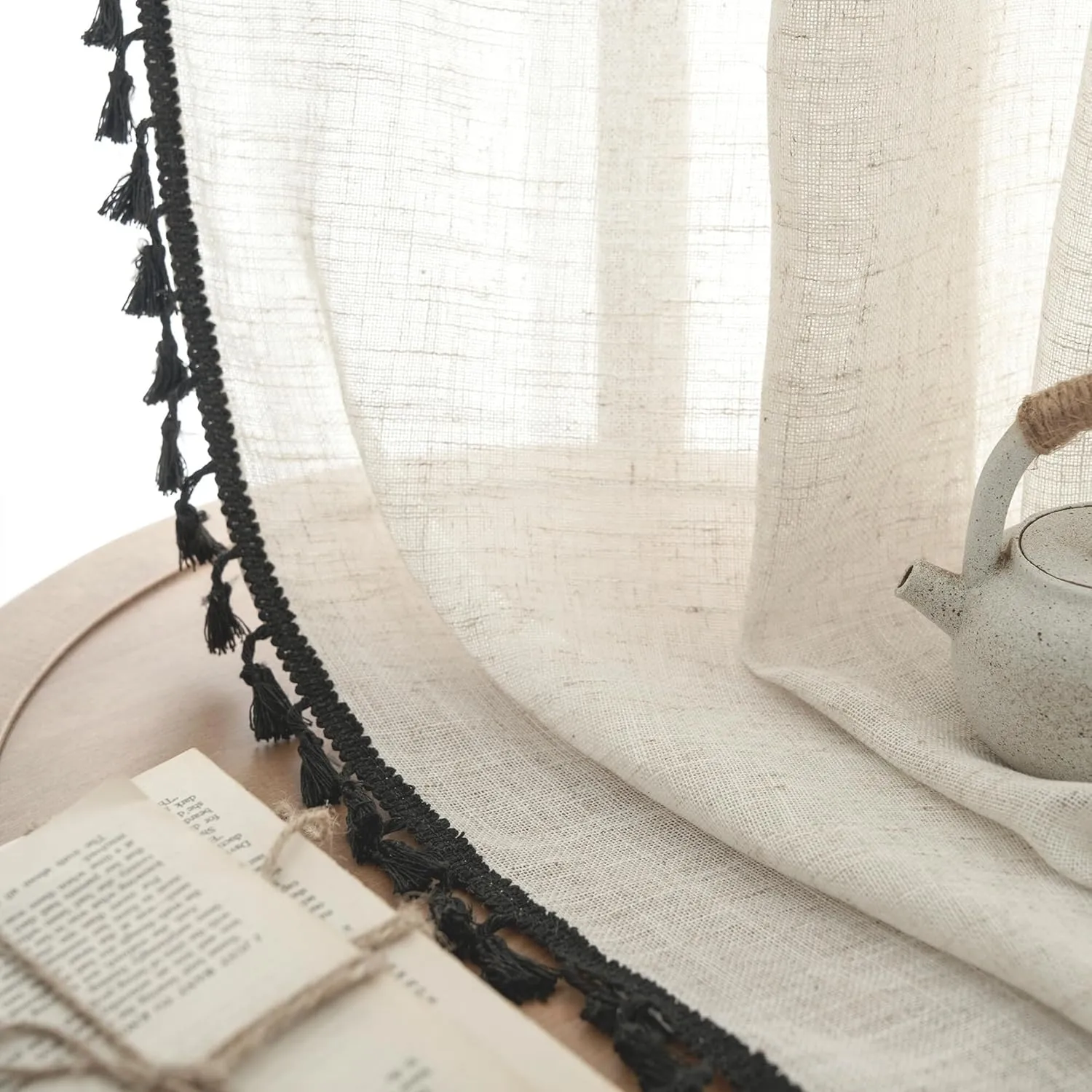 VOILYBIRD Natural Linen Blended Farmhouse Curtains 63 Inches Long Boho Curtains & Drapes Country Style for Bedroom (W40 x L63, Black Tassel)