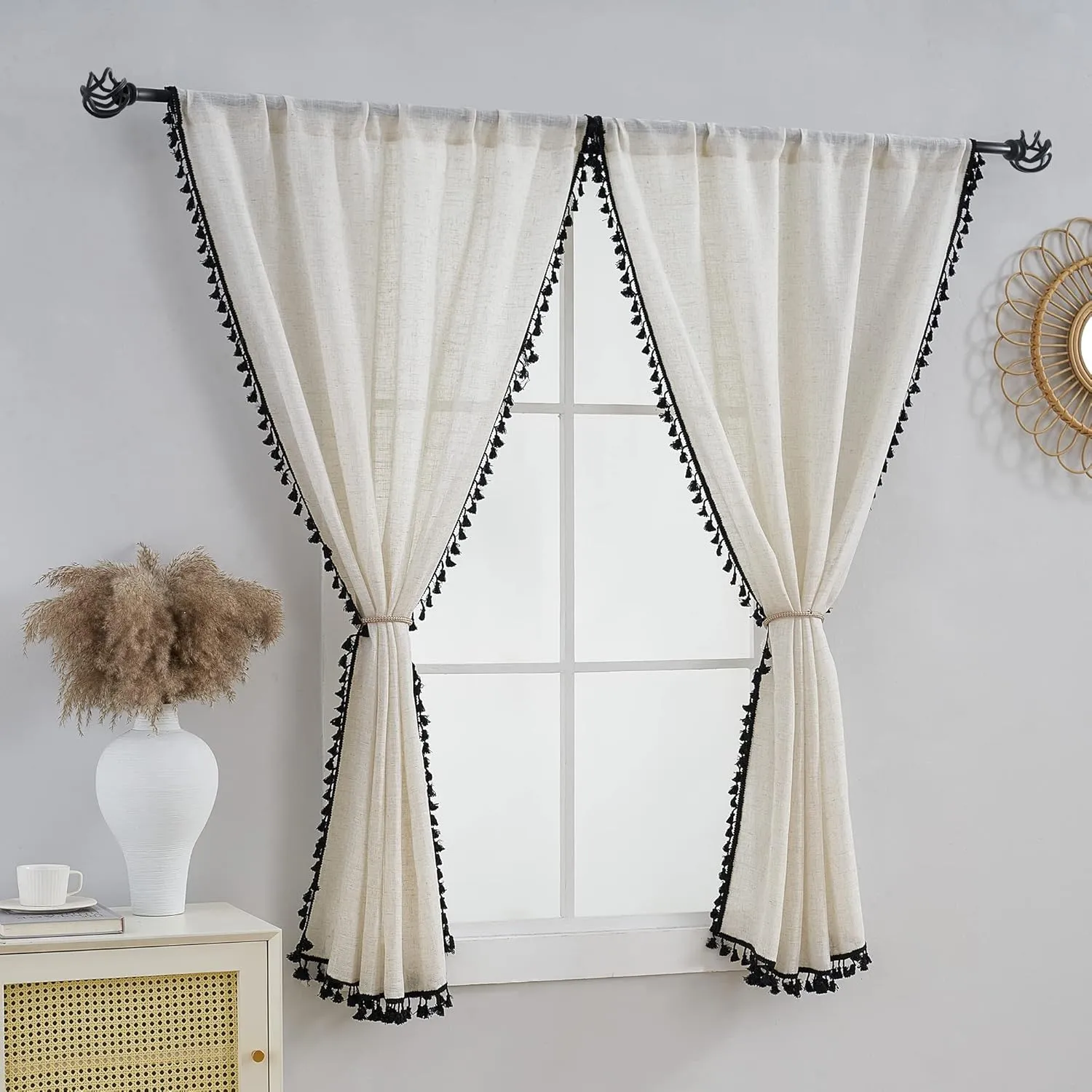 VOILYBIRD Natural Linen Blended Farmhouse Curtains 63 Inches Long Boho Curtains & Drapes Country Style for Bedroom (W40 x L63, Black Tassel)