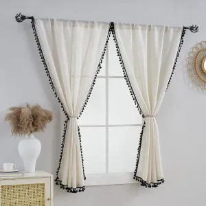 VOILYBIRD Natural Linen Blended Farmhouse Curtains 63 Inches Long Boho Curtains & Drapes Country Style for Bedroom (W40 x L63, Black Tassel)
