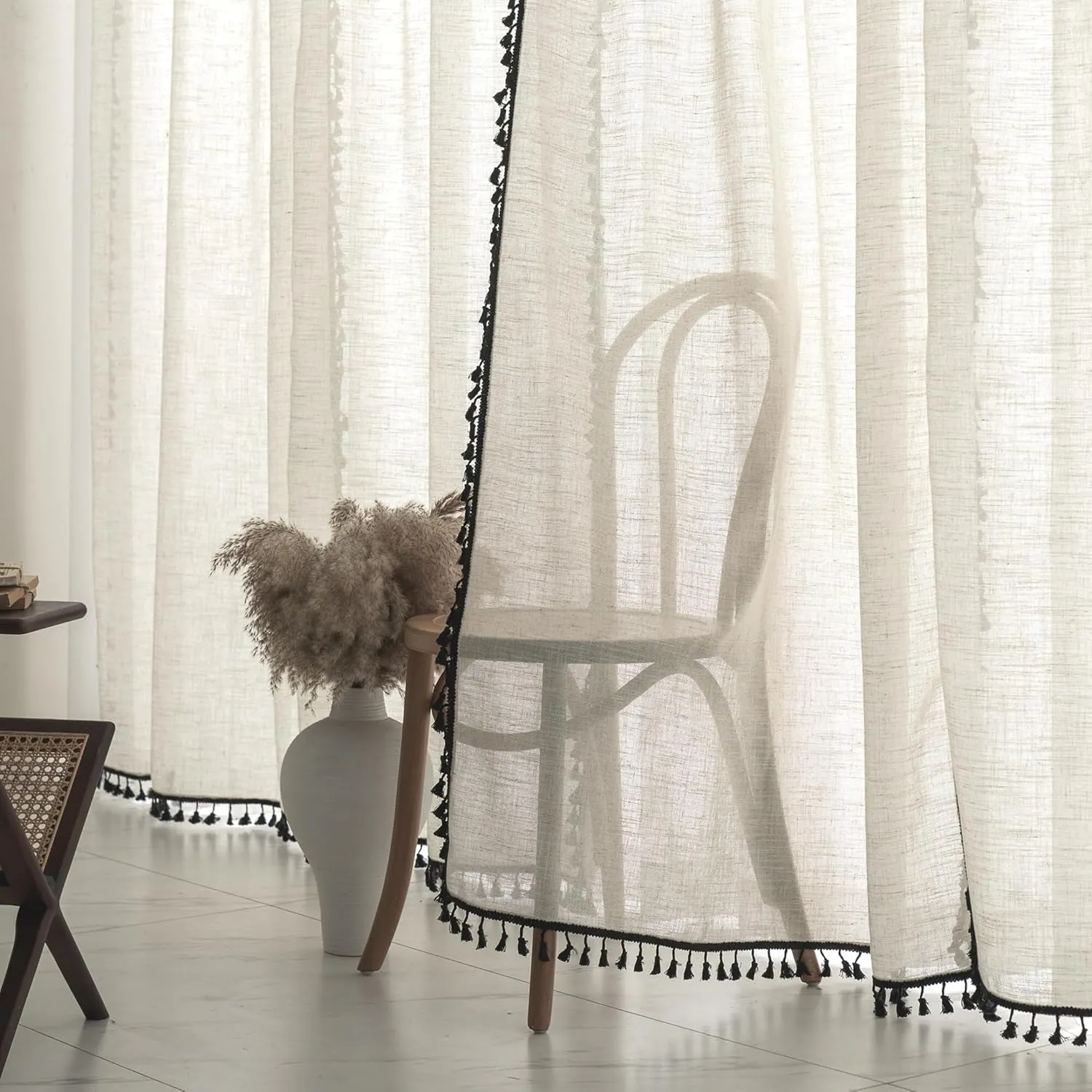 VOILYBIRD Natural Linen Blended Farmhouse Curtains 63 Inches Long Boho Curtains & Drapes Country Style for Bedroom (W40 x L63, Black Tassel)