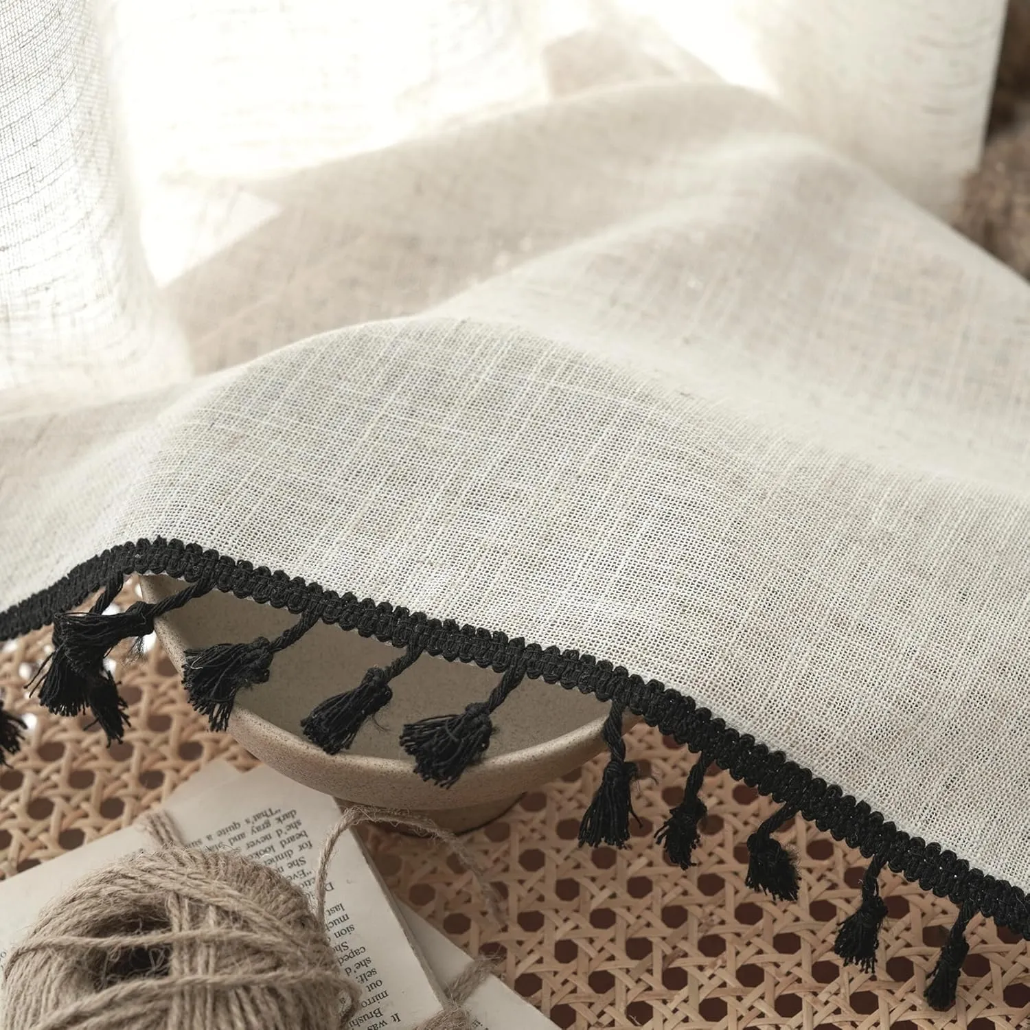 VOILYBIRD Natural Linen Blended Farmhouse Curtains 63 Inches Long Boho Curtains & Drapes Country Style for Bedroom (W40 x L63, Black Tassel)