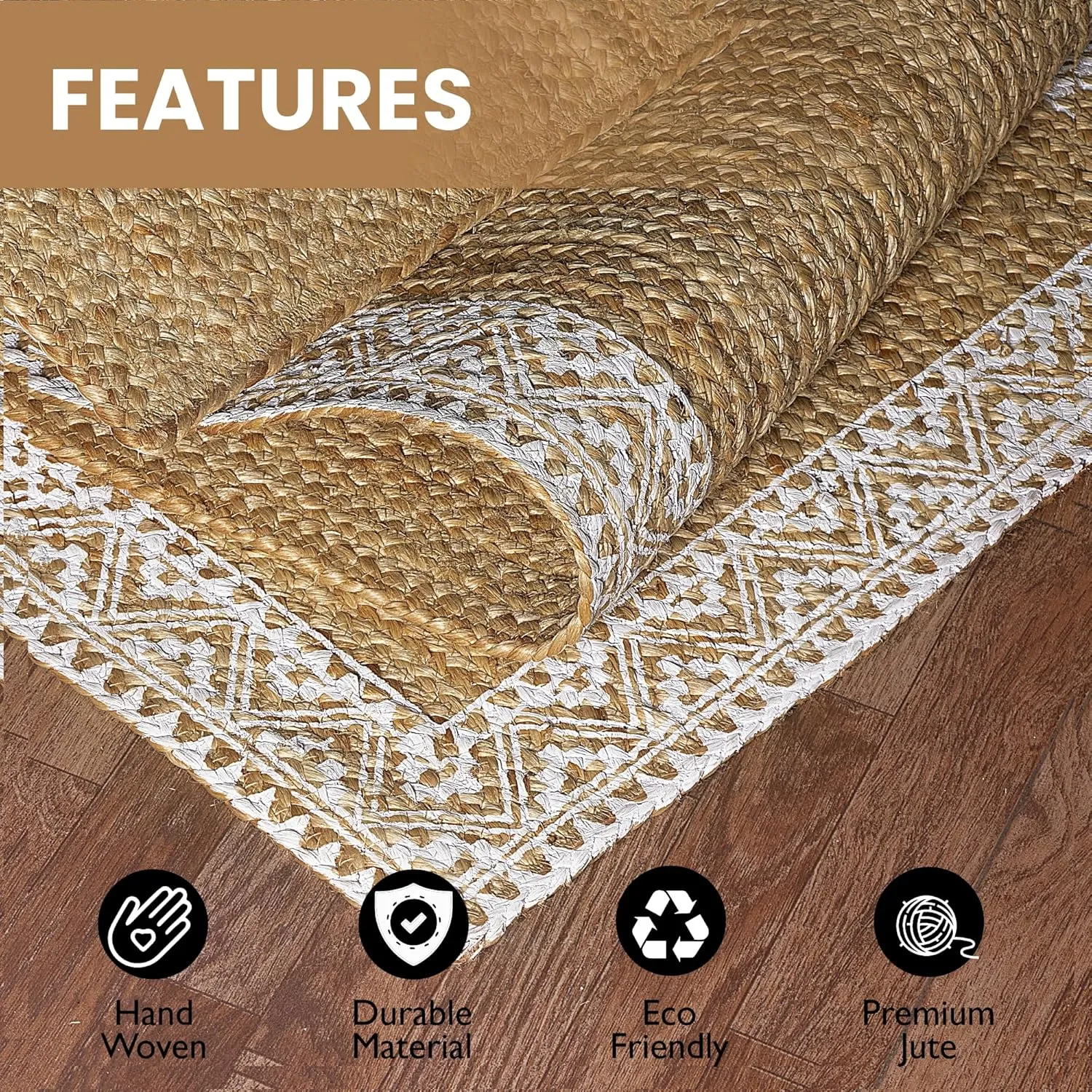 voyzz home Premium Quality Jute Braided Area Rug, 5X8-feet Rectangular, White Printed Border, Stain Resistance, Natural Handmade Rug for Entryways, Living Room, Dining Room, Bedroom, Office, Farmhouse