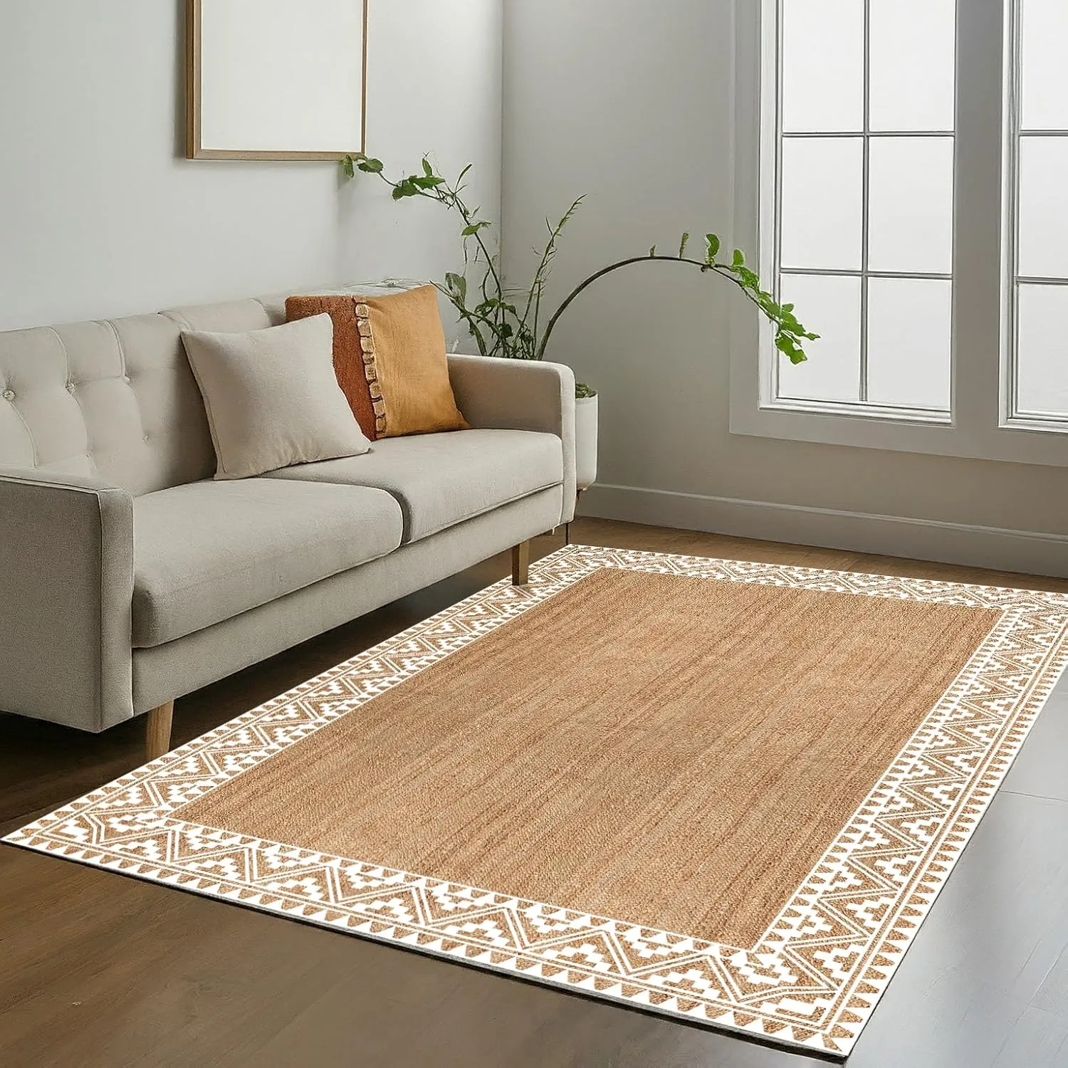 voyzz home Premium Quality Jute Braided Area Rug, 5X8-feet Rectangular, White Printed Border, Stain Resistance, Natural Handmade Rug for Entryways, Living Room, Dining Room, Bedroom, Office, Farmhouse