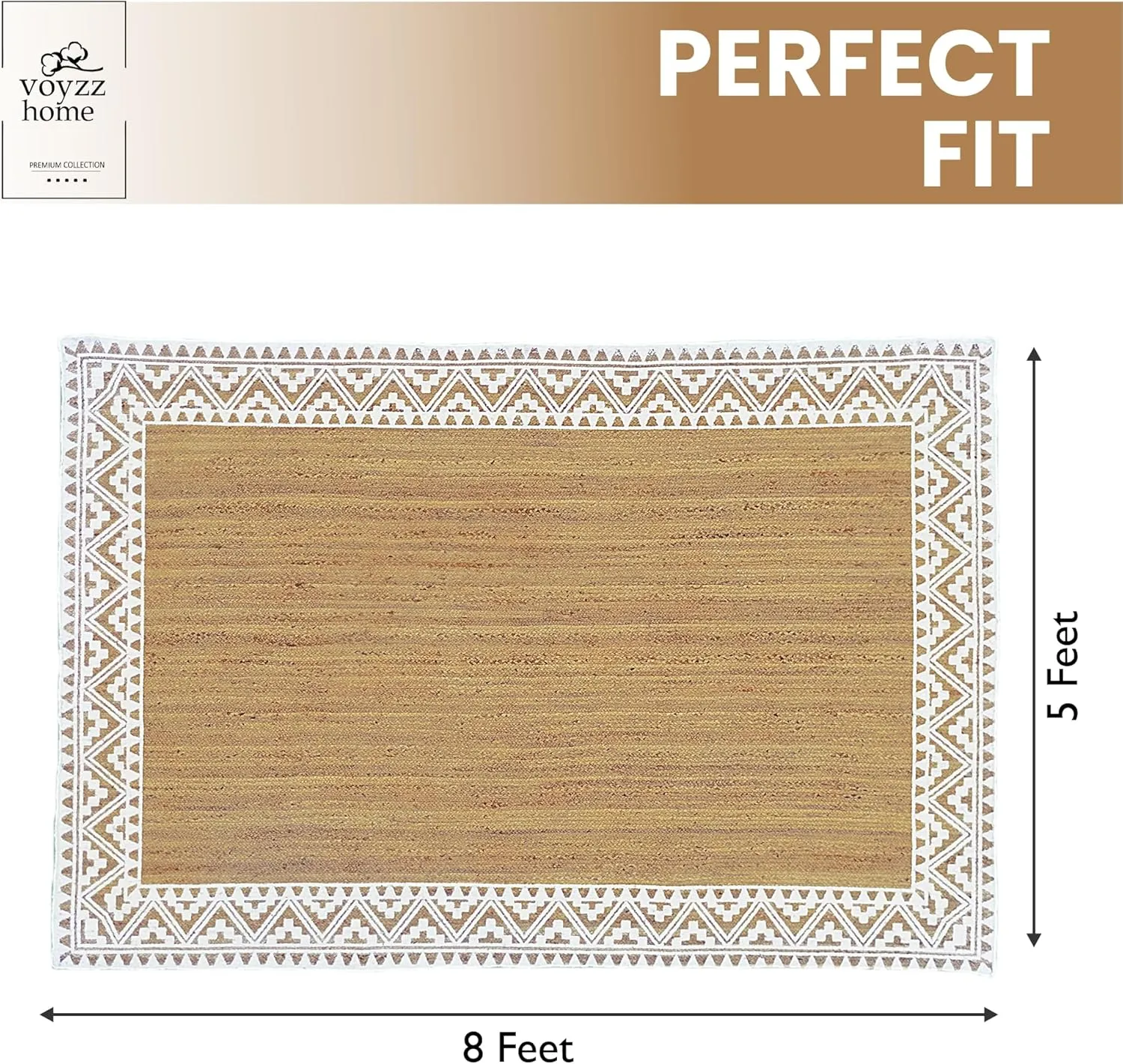 voyzz home Premium Quality Jute Braided Area Rug, 5X8-feet Rectangular, White Printed Border, Stain Resistance, Natural Handmade Rug for Entryways, Living Room, Dining Room, Bedroom, Office, Farmhouse