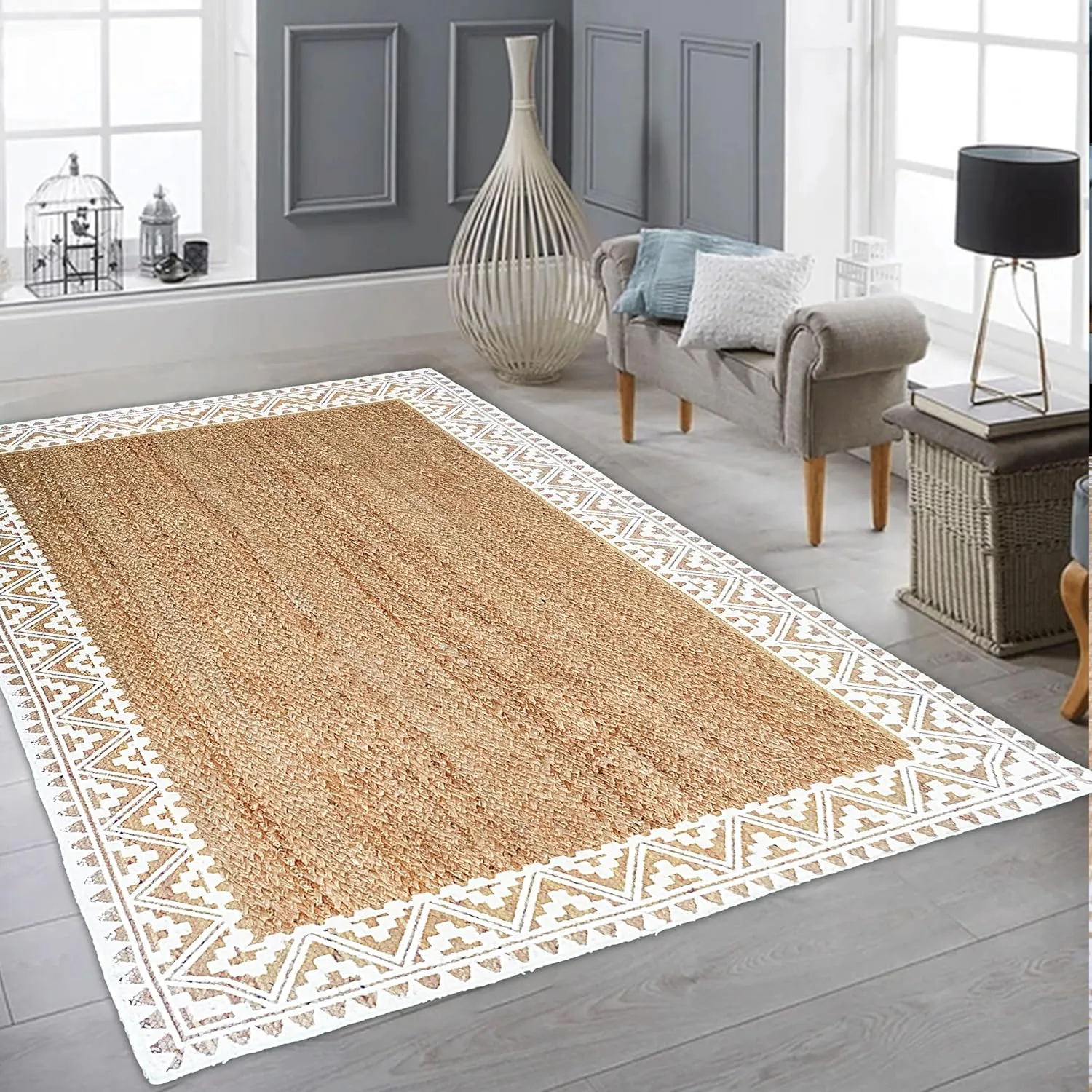 voyzz home Premium Quality Jute Braided Area Rug, 5X8-feet Rectangular, White Printed Border, Stain Resistance, Natural Handmade Rug for Entryways, Living Room, Dining Room, Bedroom, Office, Farmhouse