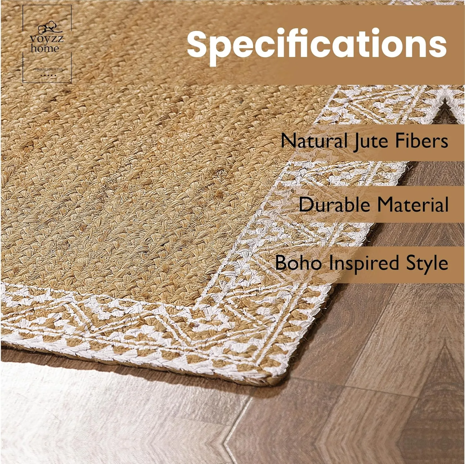 voyzz home Premium Quality Jute Braided Area Rug, 5X8-feet Rectangular, White Printed Border, Stain Resistance, Natural Handmade Rug for Entryways, Living Room, Dining Room, Bedroom, Office, Farmhouse