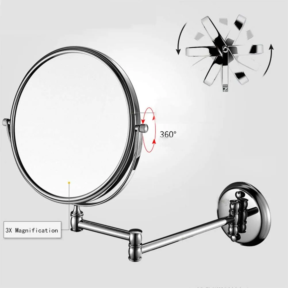 Wall Mounted Makeup Mirror with 3X Magnification, Makeup Mirror for Bathroom, 360 Degree Swivel Rotation with Distortion Free View, Extendable Arm, Round, No Light