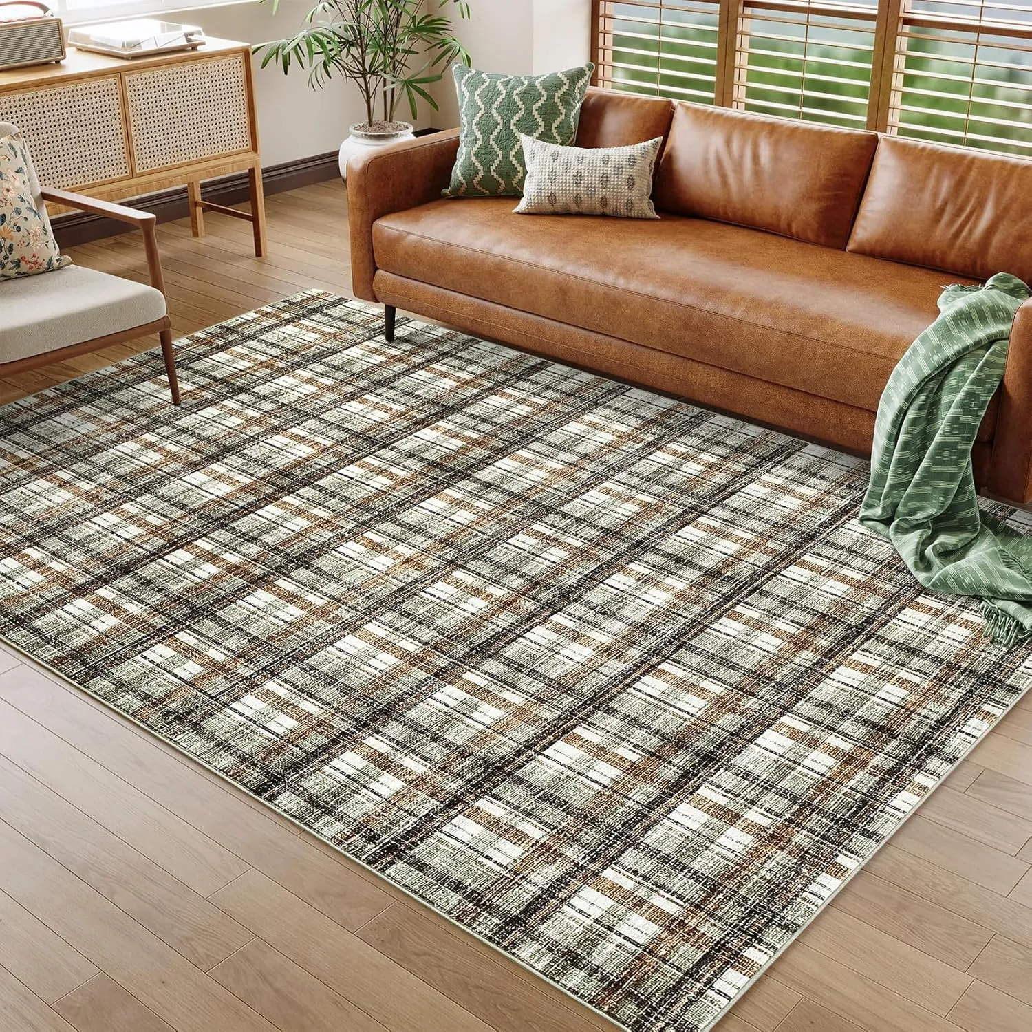 Washable Area Rugs 5x7 Rug for Living Room Modern Non Slip Throw Rugs Soft Bedroom Rug Non Shedding Low Pile Stain Resistant Carpet for Dining Room Nursery Classroom 5'x7' Celadon&Coffee