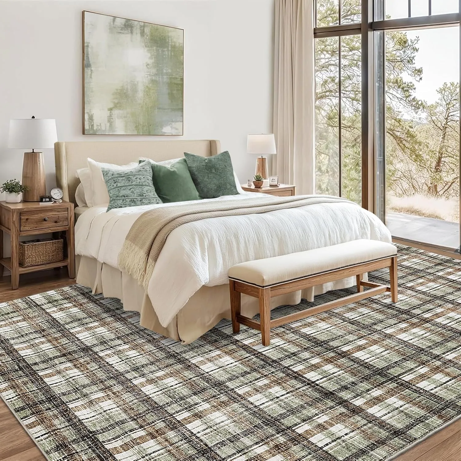 Washable Area Rugs 5x7 Rug for Living Room Modern Non Slip Throw Rugs Soft Bedroom Rug Non Shedding Low Pile Stain Resistant Carpet for Dining Room Nursery Classroom 5'x7' Celadon&Coffee