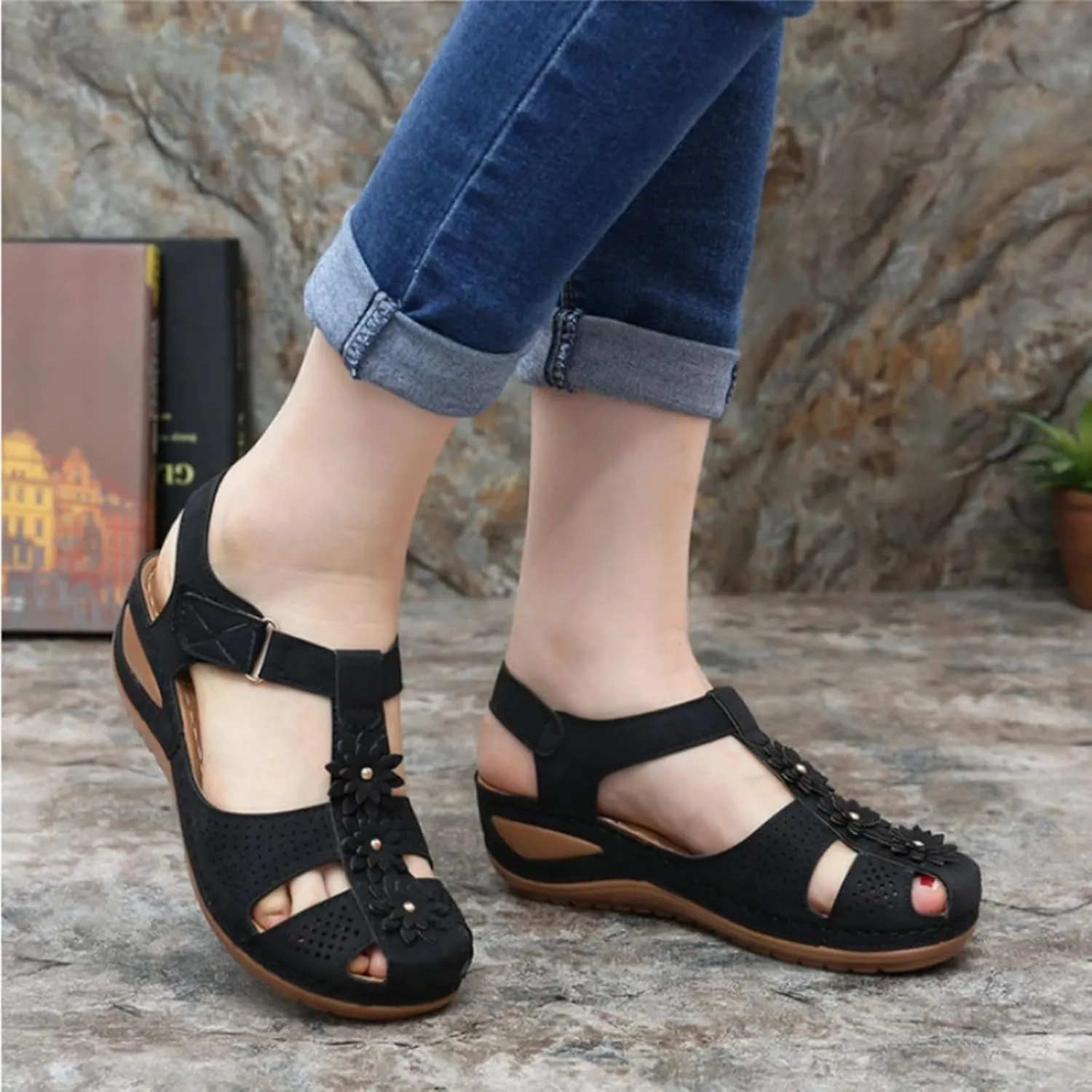 Wedge Sandals for Women Closed Toe Comfortable with Massage Function Outdoor Platform Orthotic Slippers Arch Support Shoes Plantar Fasciitis Summer 2025 Black Orthopedic Espadrilles Flats