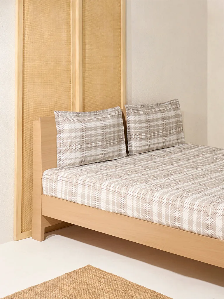 Westside Home Beige Checkered King Bed Flat Sheet and Pillowcase Set