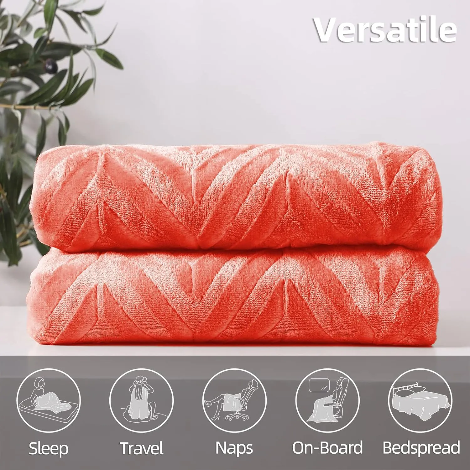 Whale Flotilla Flannel Fleece Queen Size Bed Blanket, Lightweight Breathable Soft Bedspread Plush Fluffy Coverlet Chevron Design Decorative Blanket for All Season, 90x90 Inch, Coral