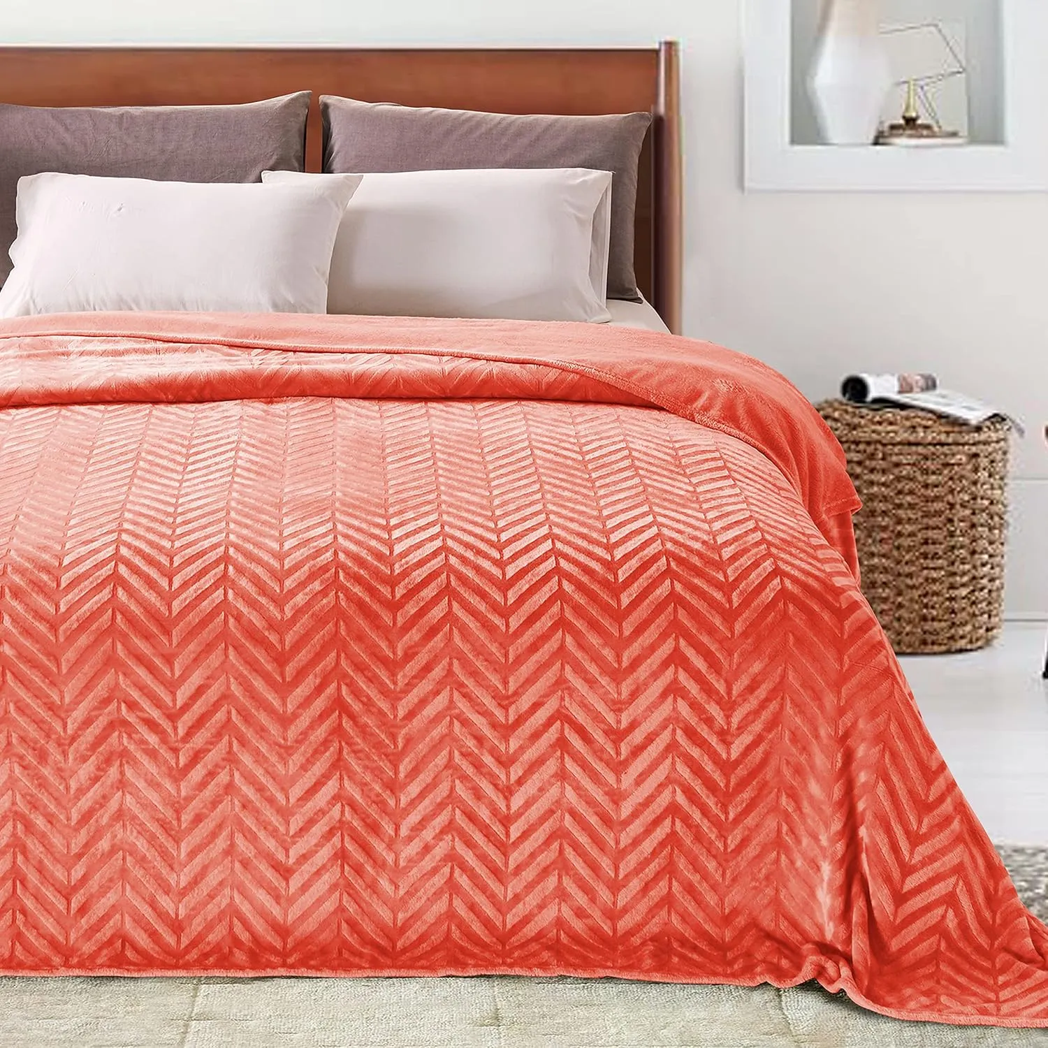 Whale Flotilla Flannel Fleece Queen Size Bed Blanket, Lightweight Breathable Soft Bedspread Plush Fluffy Coverlet Chevron Design Decorative Blanket for All Season, 90x90 Inch, Coral