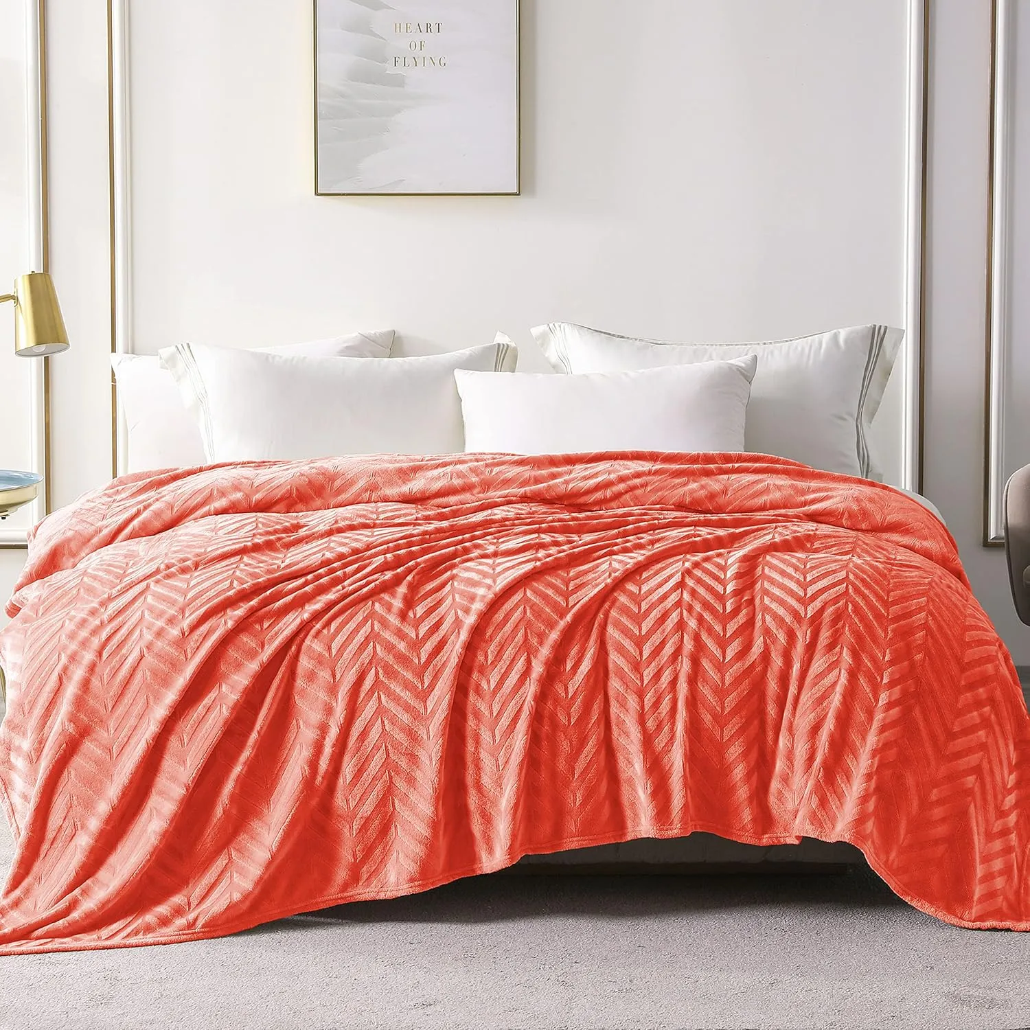 Whale Flotilla Flannel Fleece Queen Size Bed Blanket, Lightweight Breathable Soft Bedspread Plush Fluffy Coverlet Chevron Design Decorative Blanket for All Season, 90x90 Inch, Coral