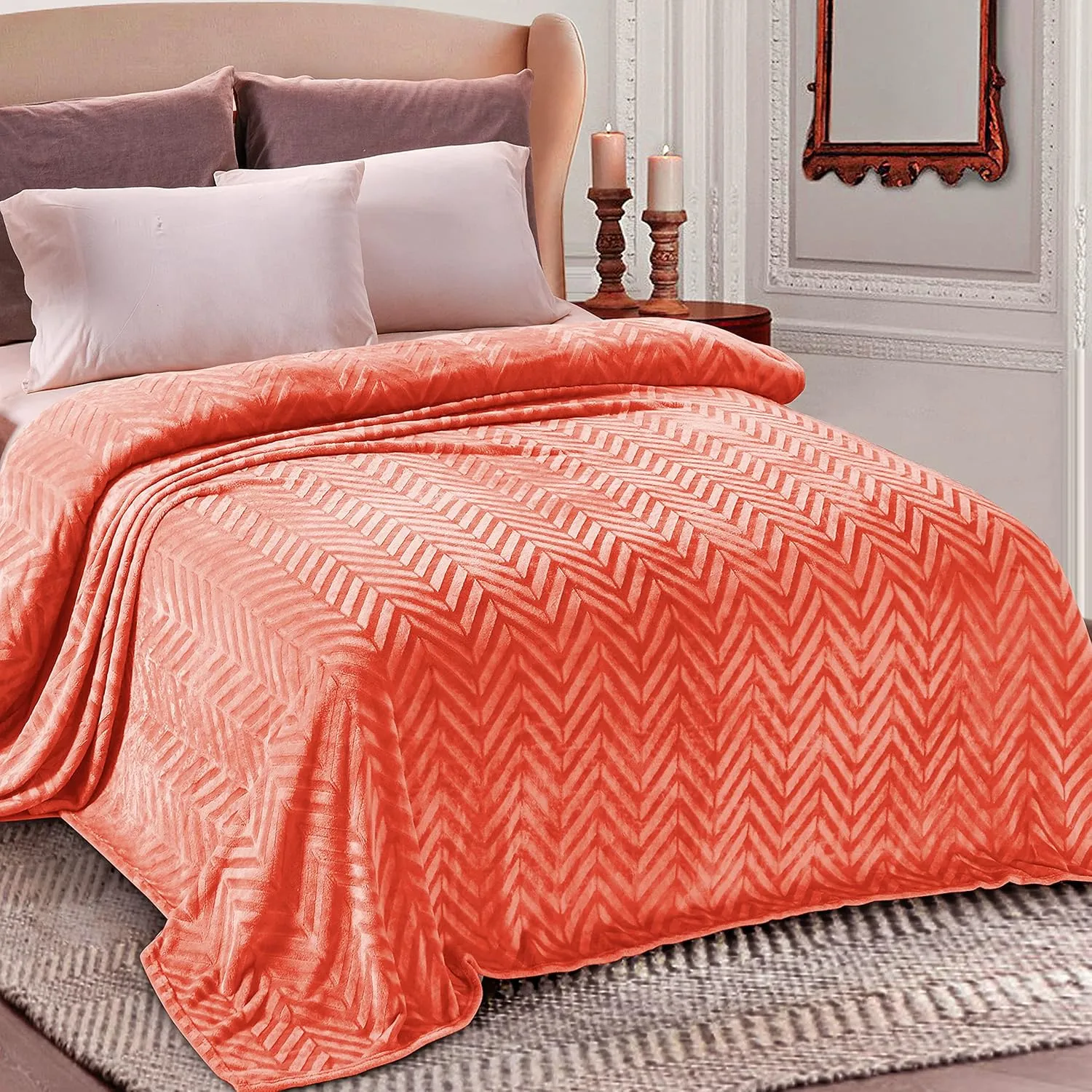 Whale Flotilla Flannel Fleece Queen Size Bed Blanket, Lightweight Breathable Soft Bedspread Plush Fluffy Coverlet Chevron Design Decorative Blanket for All Season, 90x90 Inch, Coral