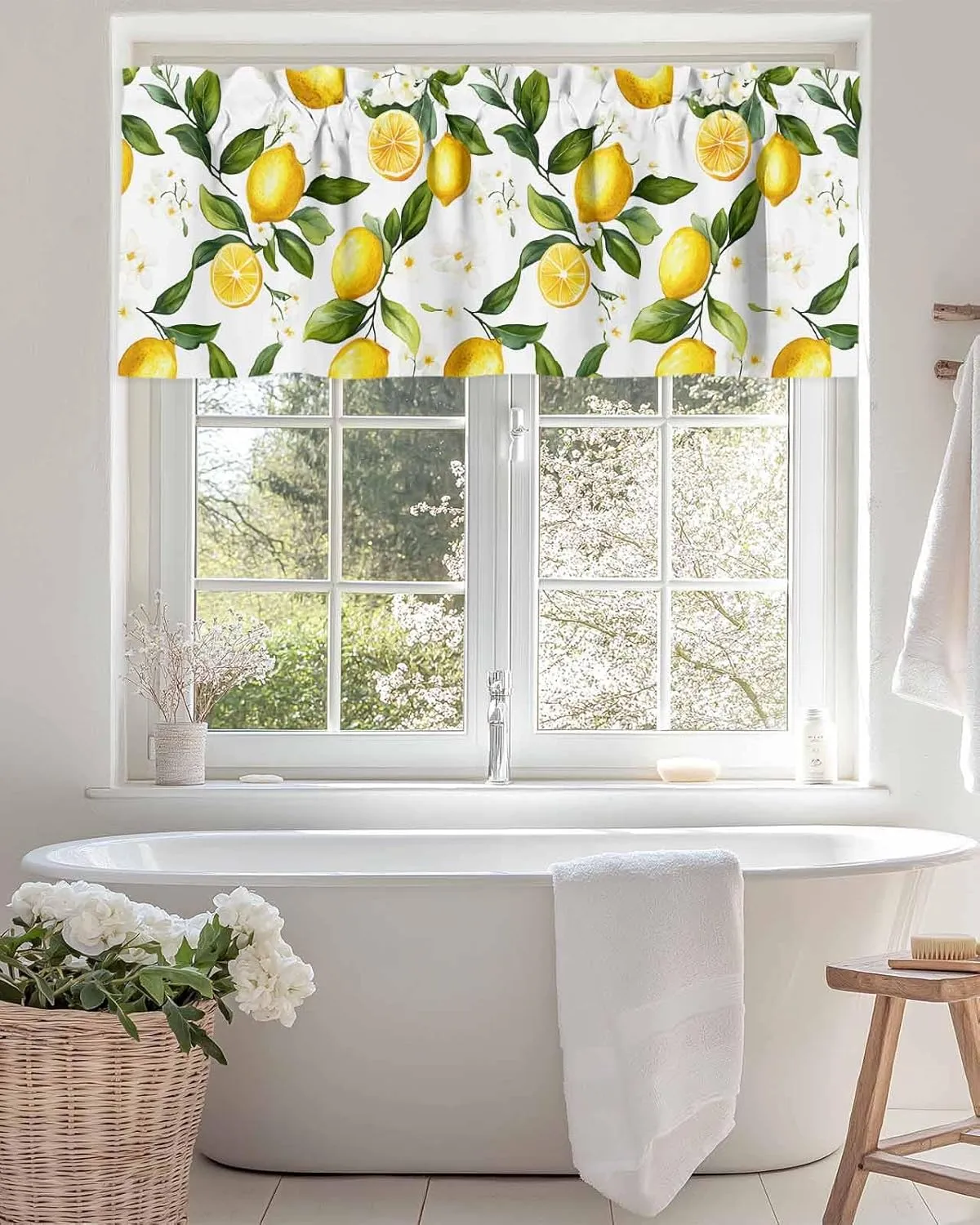 White Flowers Valances for Windows, Short Kitchen Curtains Drapes, Elegant Floral Yellow Lemon Fruit Window Treatment Curtain Toppers Valance for Bedroom/Living Room/Bathroom 42"x12"