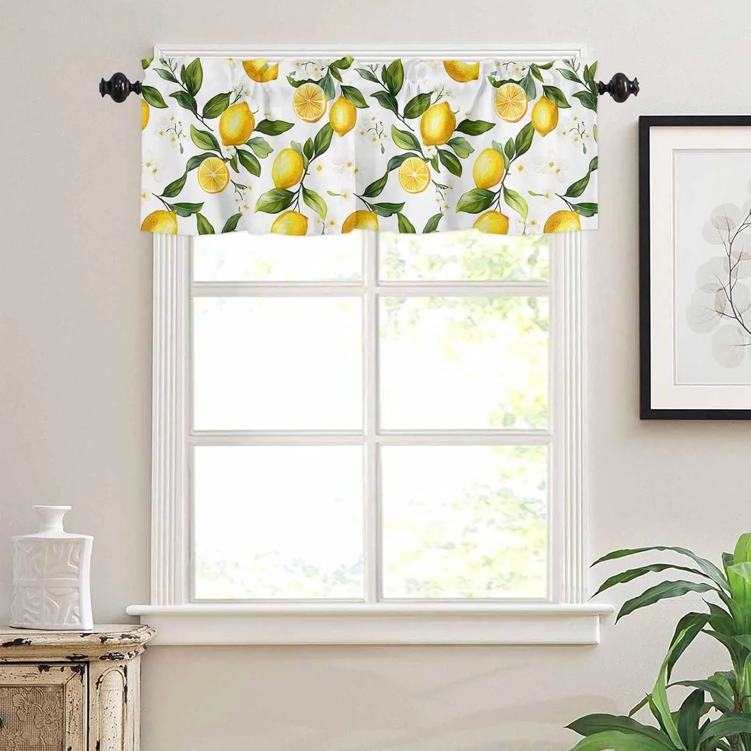 White Flowers Valances for Windows, Short Kitchen Curtains Drapes, Elegant Floral Yellow Lemon Fruit Window Treatment Curtain Toppers Valance for Bedroom/Living Room/Bathroom 42"x12"