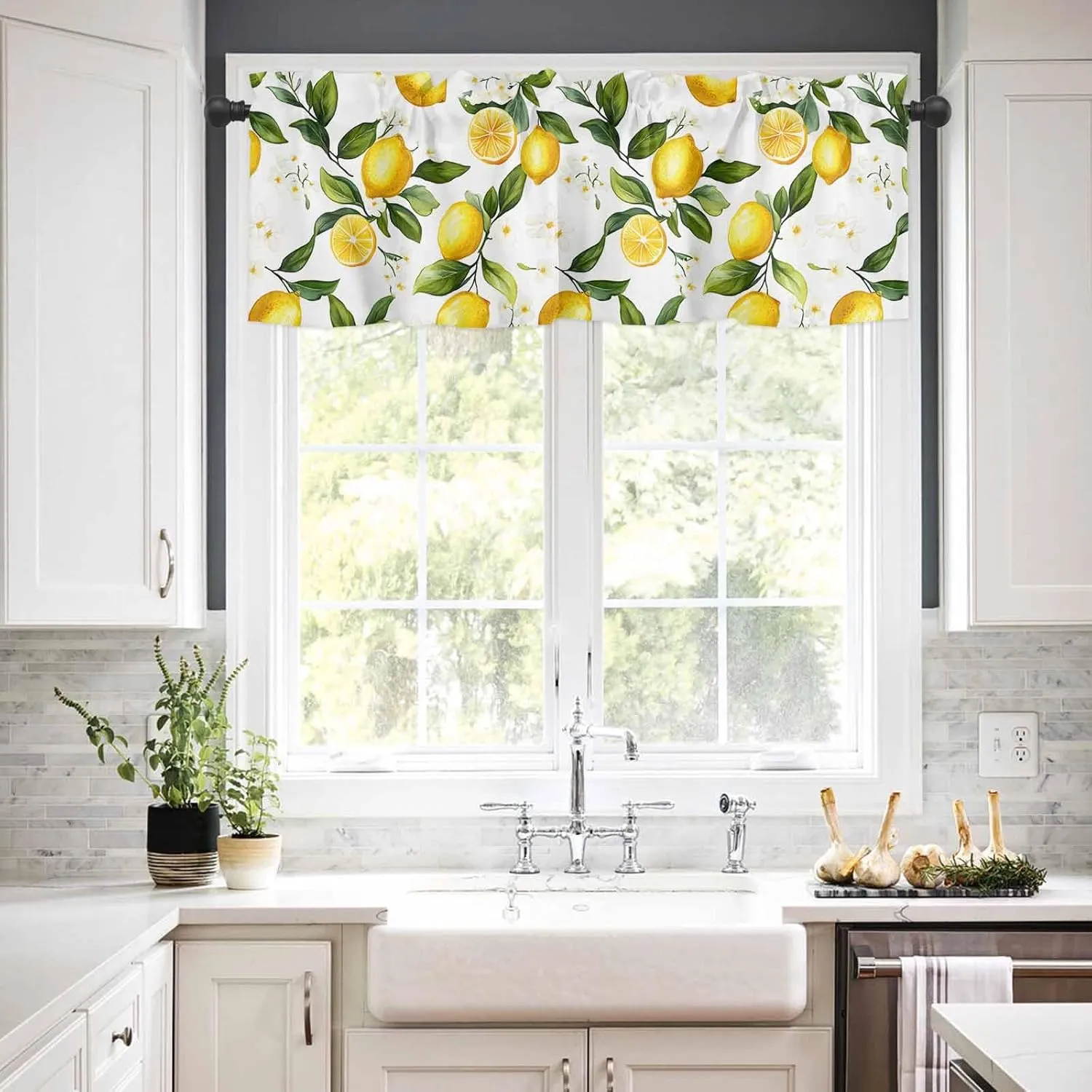 White Flowers Valances for Windows, Short Kitchen Curtains Drapes, Elegant Floral Yellow Lemon Fruit Window Treatment Curtain Toppers Valance for Bedroom/Living Room/Bathroom 42"x12"