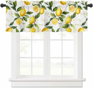 White Flowers Valances for Windows, Short Kitchen Curtains Drapes, Elegant Floral Yellow Lemon Fruit Window Treatment Curtain Toppers Valance for Bedroom/Living Room/Bathroom 42"x12"