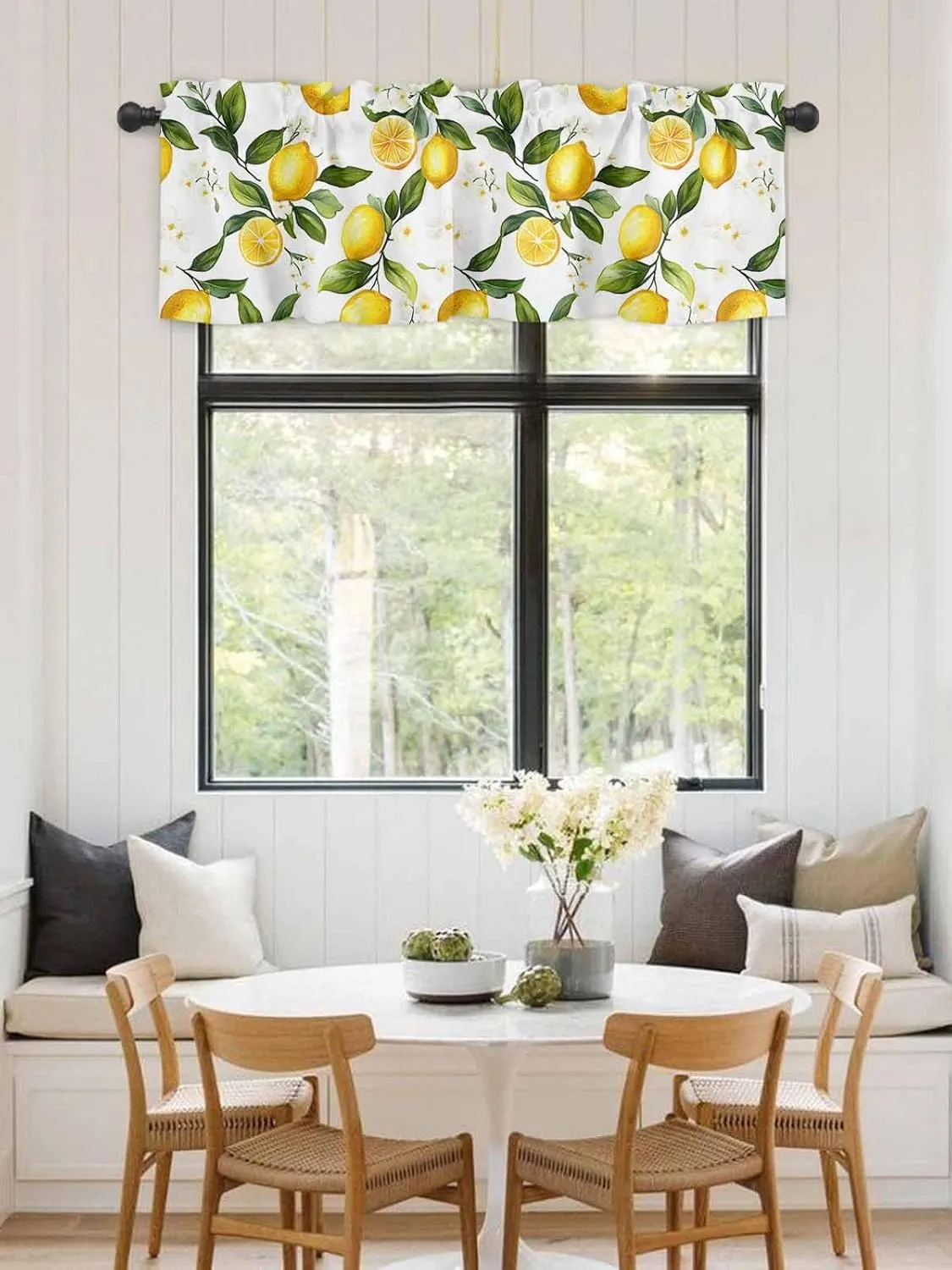White Flowers Valances for Windows, Short Kitchen Curtains Drapes, Elegant Floral Yellow Lemon Fruit Window Treatment Curtain Toppers Valance for Bedroom/Living Room/Bathroom 42"x12"