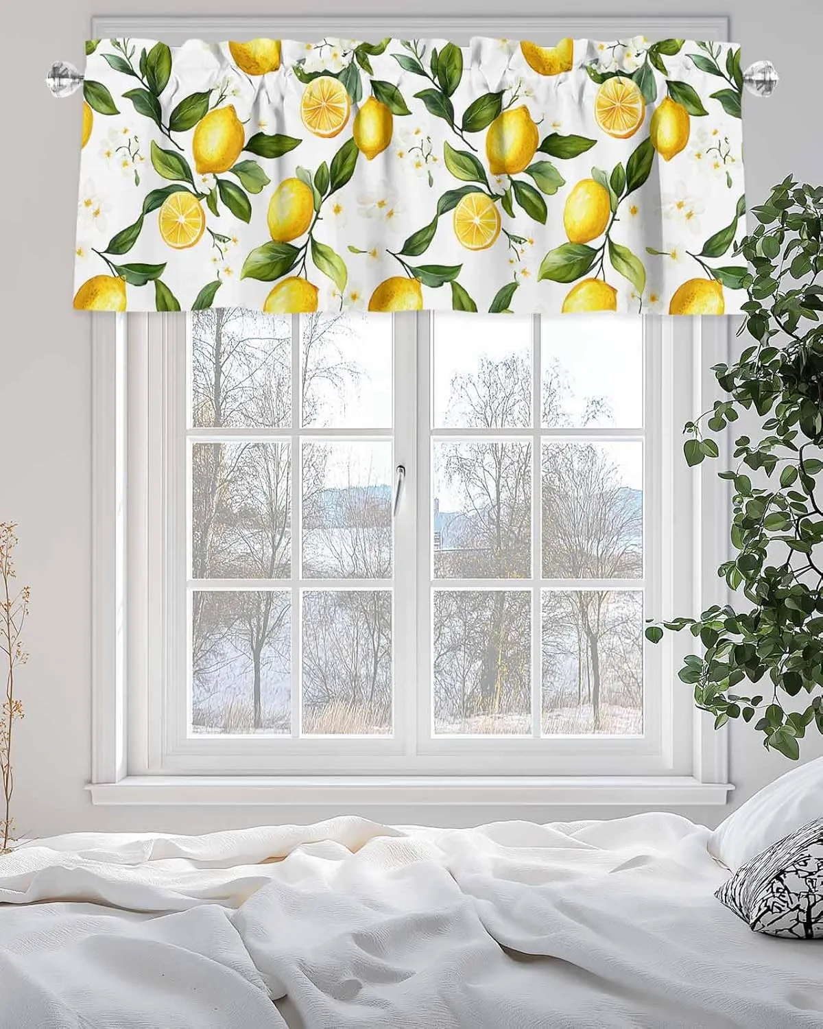 White Flowers Valances for Windows, Short Kitchen Curtains Drapes, Elegant Floral Yellow Lemon Fruit Window Treatment Curtain Toppers Valance for Bedroom/Living Room/Bathroom 42"x12"