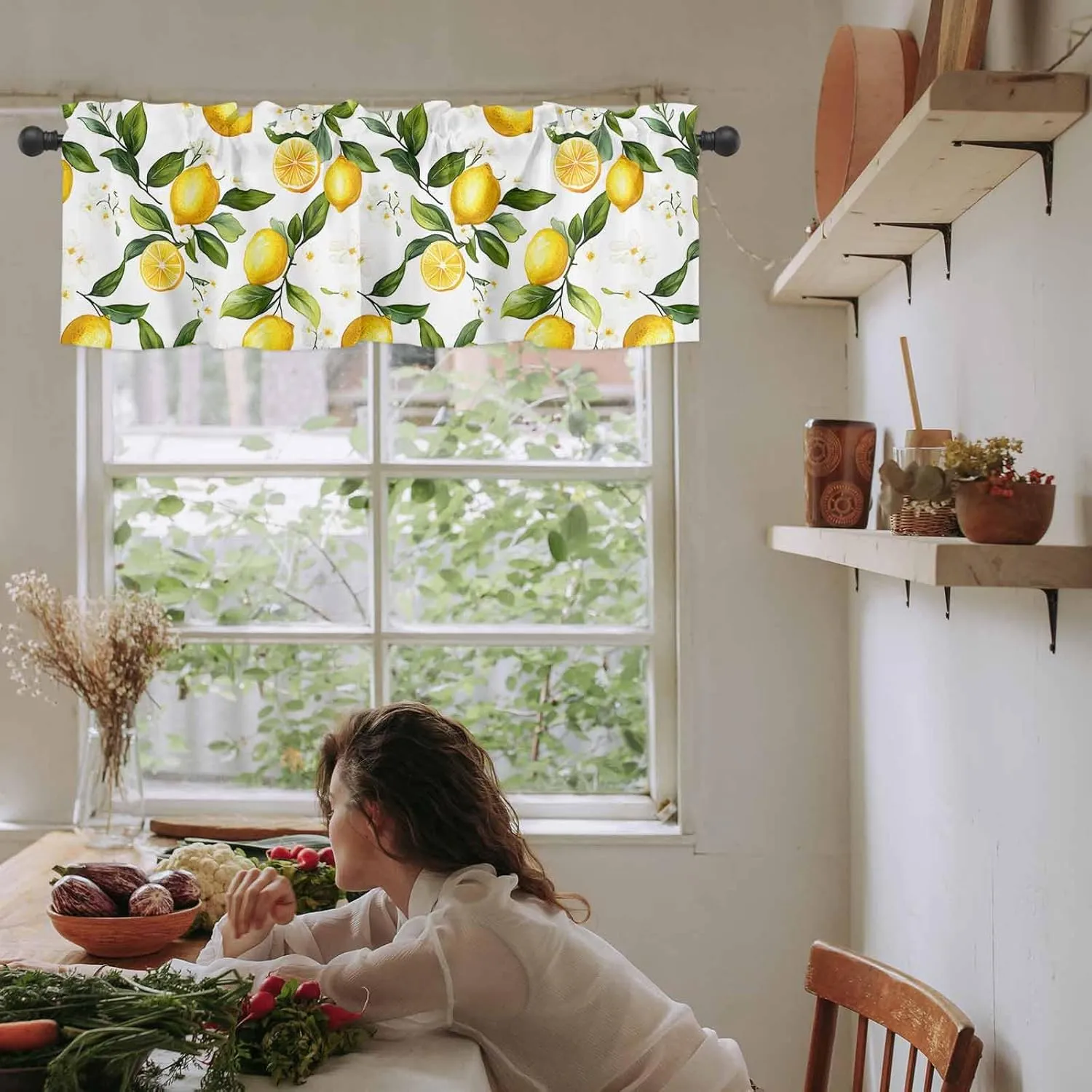 White Flowers Valances for Windows, Short Kitchen Curtains Drapes, Elegant Floral Yellow Lemon Fruit Window Treatment Curtain Toppers Valance for Bedroom/Living Room/Bathroom 42"x12"