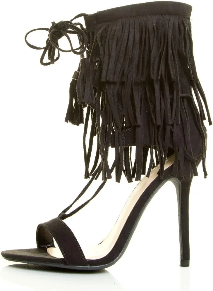 Wild Diva Womens Open Toe Corset Tassel Lace Up Fringe Stiletto Heel Sandal