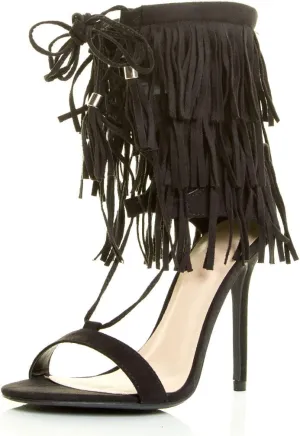 Wild Diva Womens Open Toe Corset Tassel Lace Up Fringe Stiletto Heel Sandal