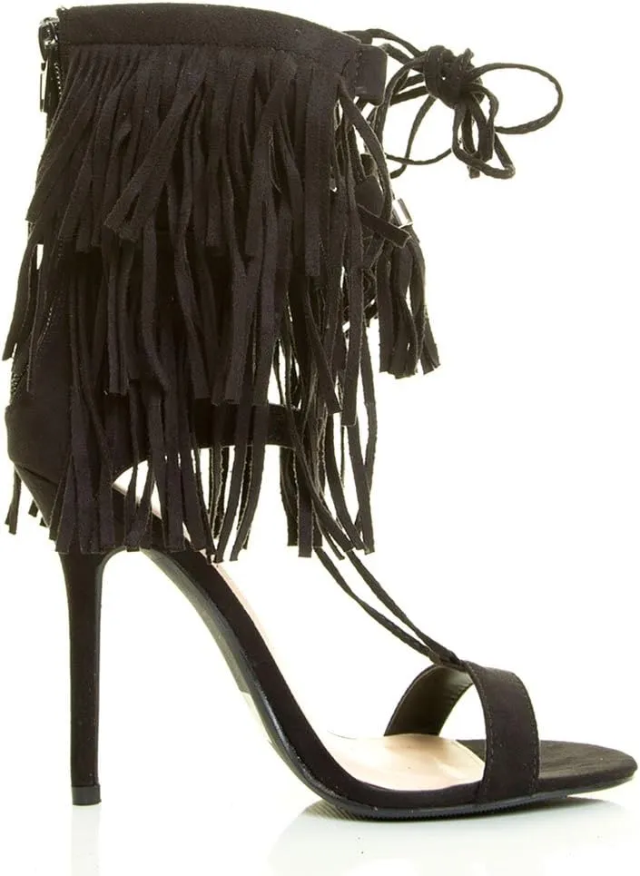 Wild Diva Womens Open Toe Corset Tassel Lace Up Fringe Stiletto Heel Sandal