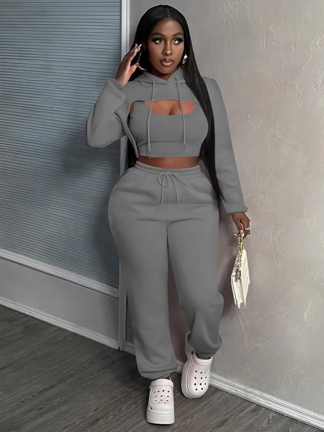 Women 3 Piece Sweatsuit Set Sexy Long Sleeve Pullover Cropped Hoodie Tank Top and Jogger Sweatpants Tracksuit
