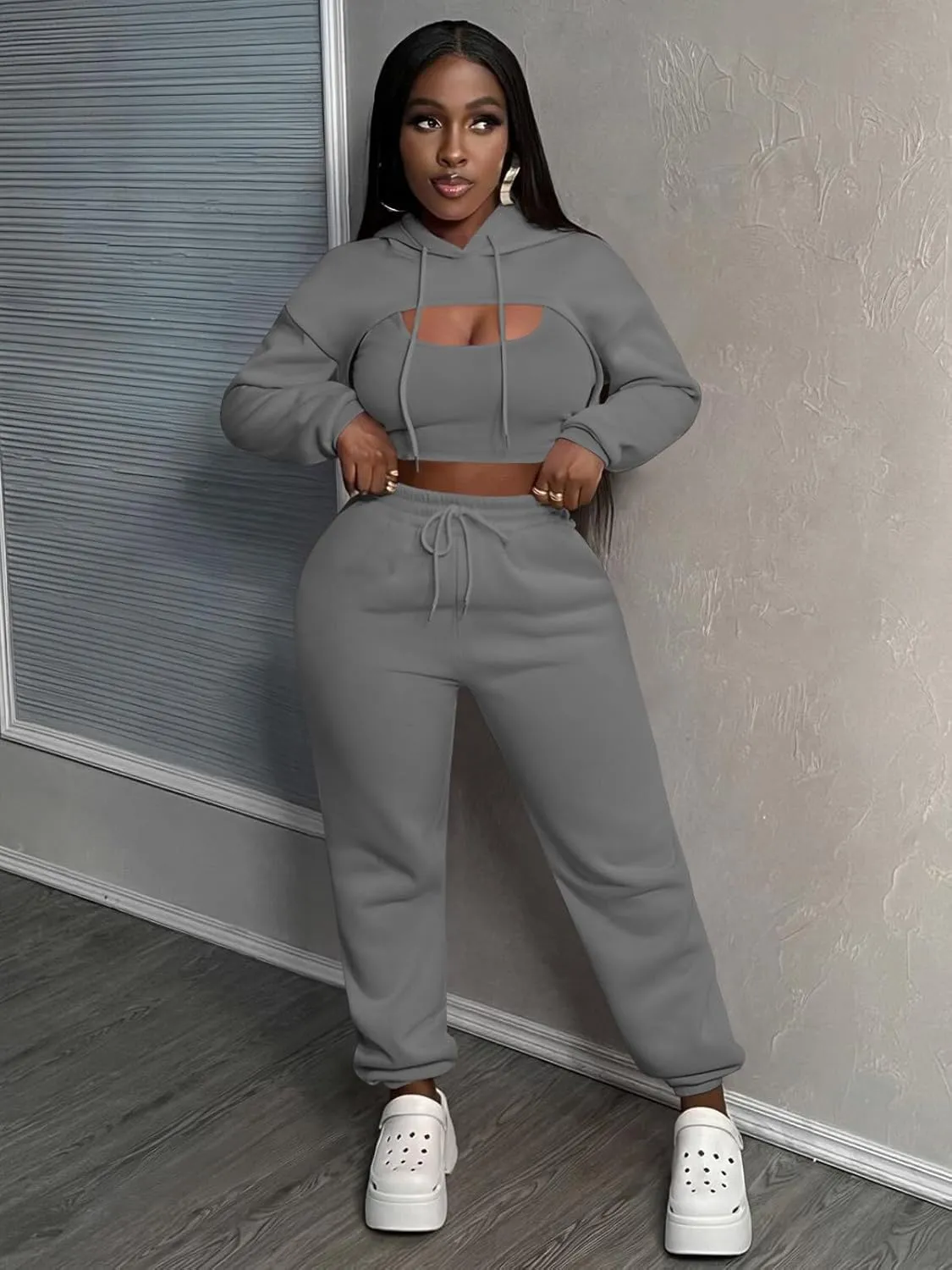 Women 3 Piece Sweatsuit Set Sexy Long Sleeve Pullover Cropped Hoodie Tank Top and Jogger Sweatpants Tracksuit