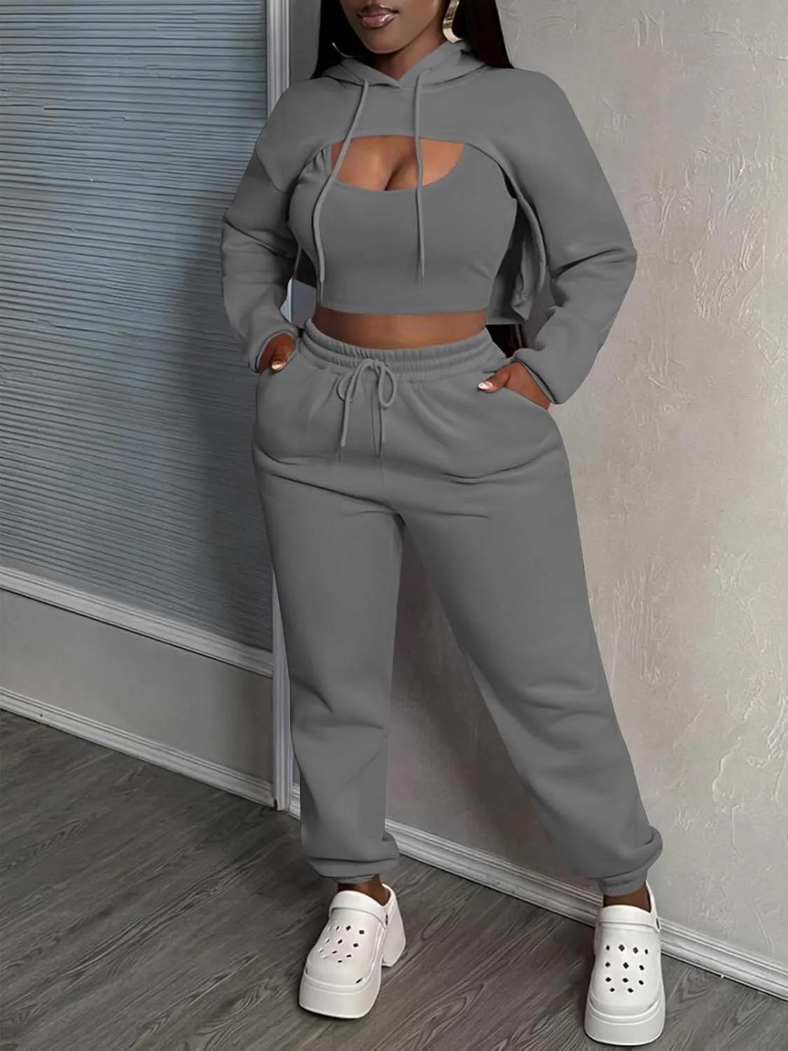 Women 3 Piece Sweatsuit Set Sexy Long Sleeve Pullover Cropped Hoodie Tank Top and Jogger Sweatpants Tracksuit