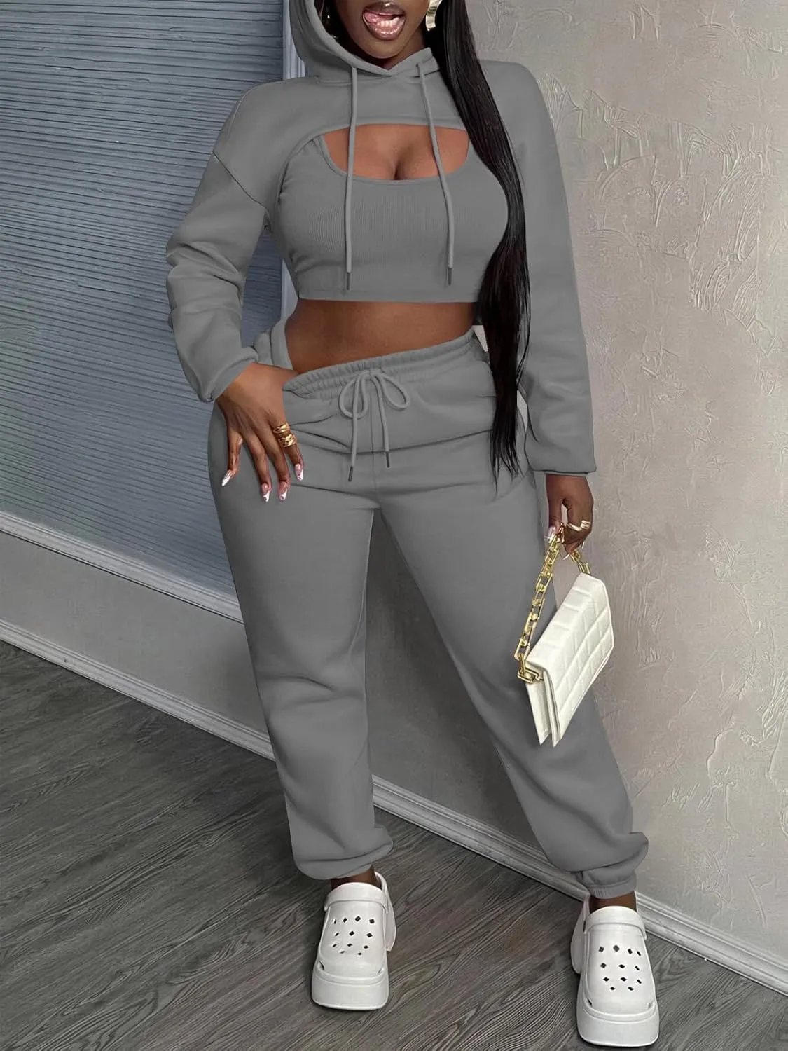 Women 3 Piece Sweatsuit Set Sexy Long Sleeve Pullover Cropped Hoodie Tank Top and Jogger Sweatpants Tracksuit