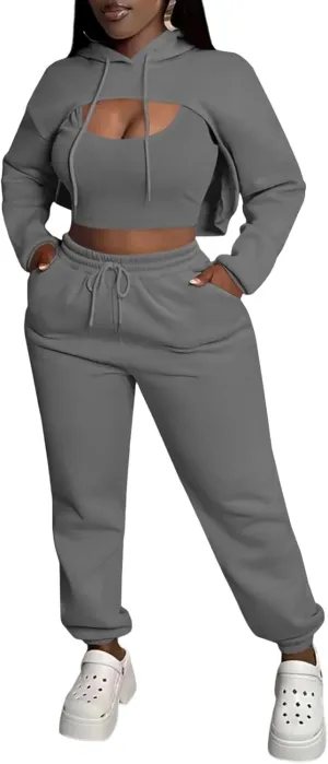 Women 3 Piece Sweatsuit Set Sexy Long Sleeve Pullover Cropped Hoodie Tank Top and Jogger Sweatpants Tracksuit