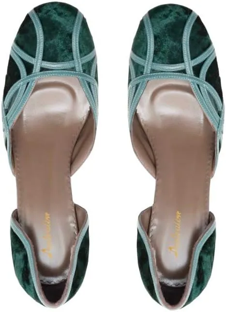 Women Chunky Heel Round Toe Pumps Velvet Cut Out Sandal Heels Closed Round Toe 3 inch Block Heel Pump Shoes Two Tone Strappy Fashion Retro Wedding Party Dress Heels Comfy 4-11 M US
