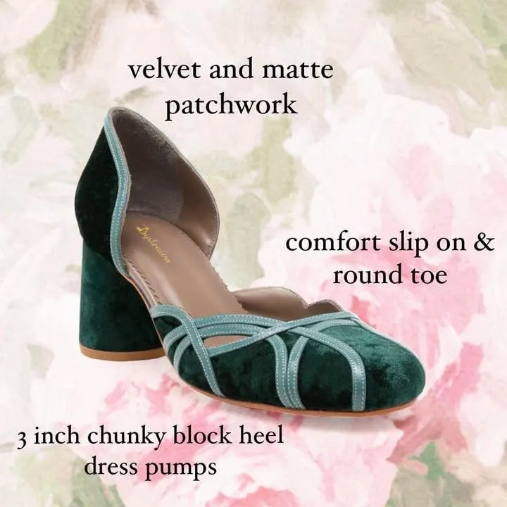 Women Chunky Heel Round Toe Pumps Velvet Cut Out Sandal Heels Closed Round Toe 3 inch Block Heel Pump Shoes Two Tone Strappy Fashion Retro Wedding Party Dress Heels Comfy 4-11 M US