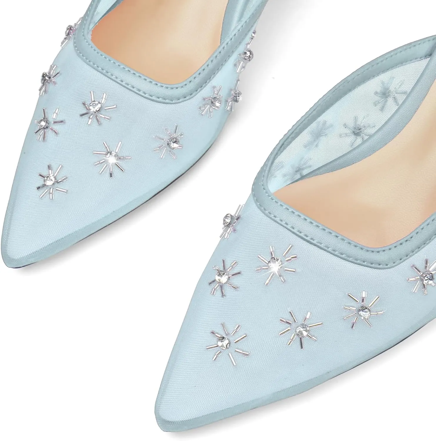 Women Kitten Heel Mules Crystal Flower Decor Mesh Pointed Toe Low Heel Casual Pumps