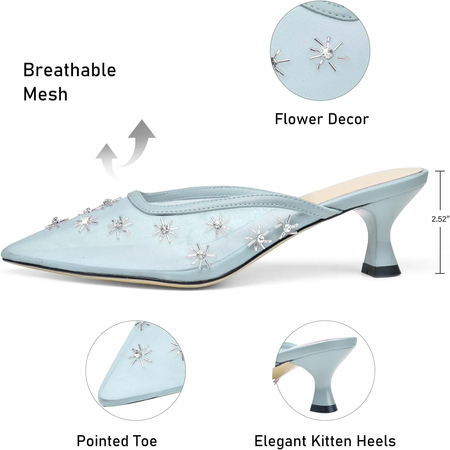 Women Kitten Heel Mules Crystal Flower Decor Mesh Pointed Toe Low Heel Casual Pumps