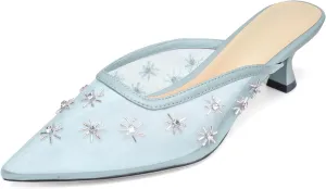 Women Kitten Heel Mules Crystal Flower Decor Mesh Pointed Toe Low Heel Casual Pumps