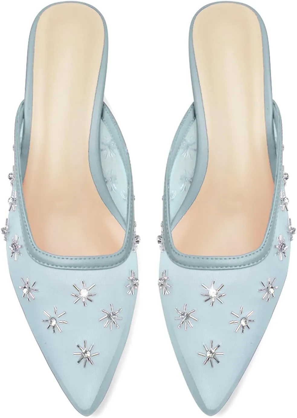 Women Kitten Heel Mules Crystal Flower Decor Mesh Pointed Toe Low Heel Casual Pumps