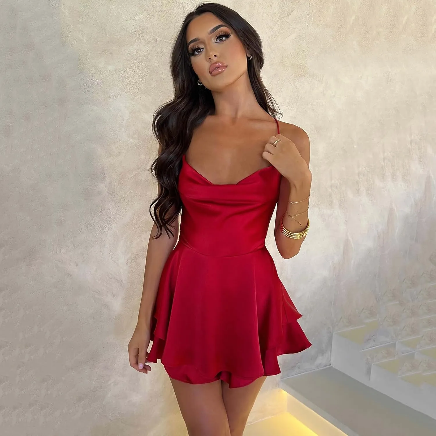 Women Sexy Spaghetti Strap Satin Dress Sleeveless Low Cut Backless Short Romper Dress Party Jumpsuit Mini Sundress