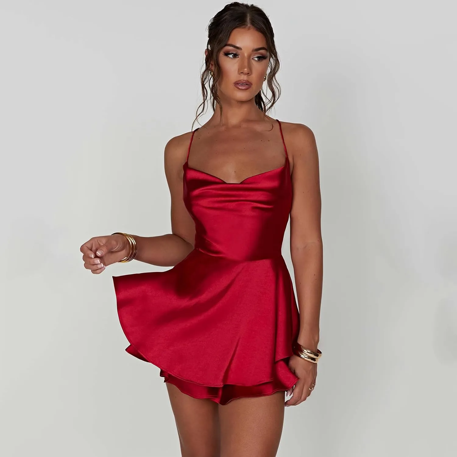 Women Sexy Spaghetti Strap Satin Dress Sleeveless Low Cut Backless Short Romper Dress Party Jumpsuit Mini Sundress