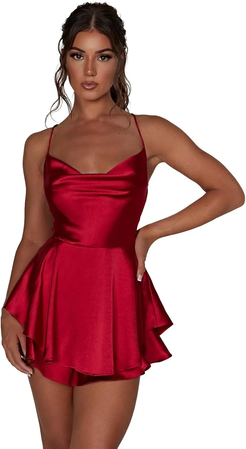 Women Sexy Spaghetti Strap Satin Dress Sleeveless Low Cut Backless Short Romper Dress Party Jumpsuit Mini Sundress