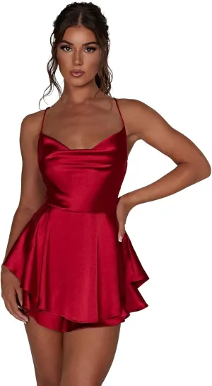 Women Sexy Spaghetti Strap Satin Dress Sleeveless Low Cut Backless Short Romper Dress Party Jumpsuit Mini Sundress
