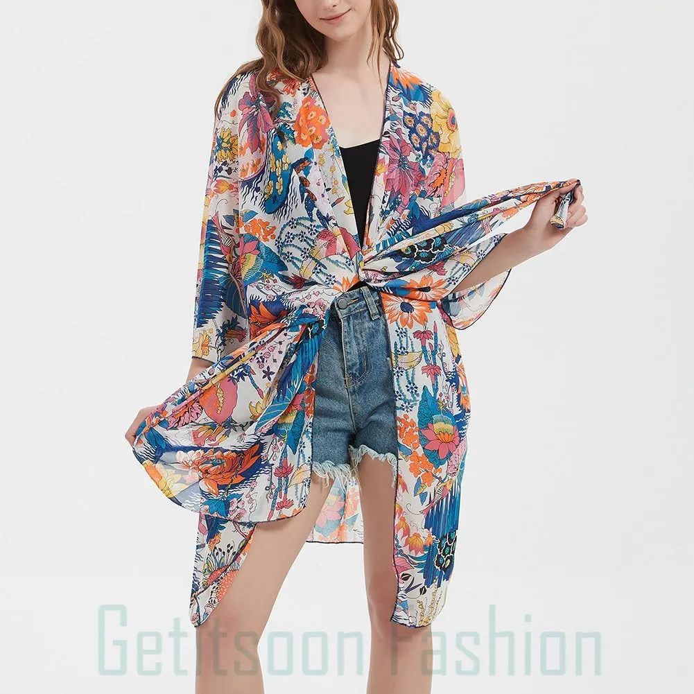 Women's Bohemian Floral Chiffon Beach Cover up Swimsuit Kimono Summer Swimwear Cardigans