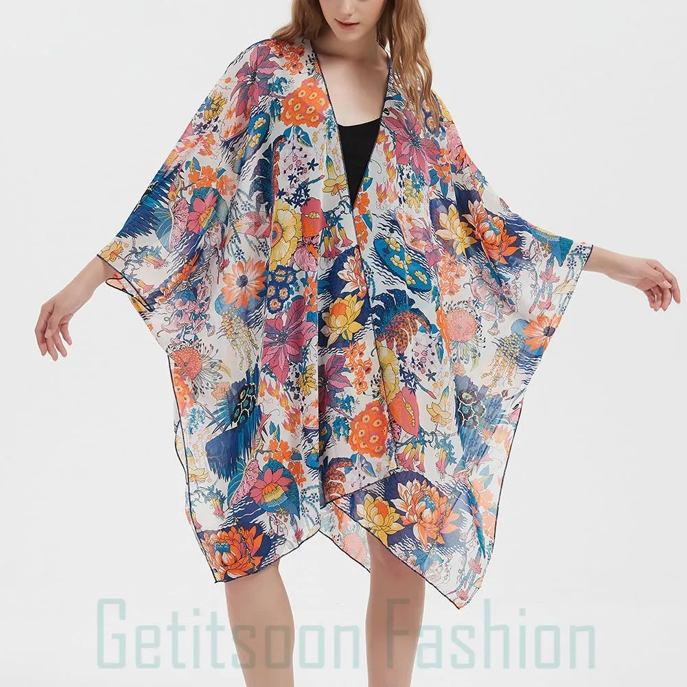 Women's Bohemian Floral Chiffon Beach Cover up Swimsuit Kimono Summer Swimwear Cardigans